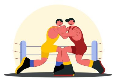 Güreşçi Vektör Resimlerinde İki Dövüşçü Boks Yarışması ya da Şampiyonluk Maçı Düz Tarzlı Çizgi Film Arkaplanda