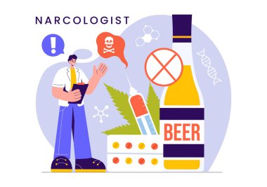 Bir Doktor, Uyuşturucu Bağımlılığı Bilinci ve Düz Arkaplanda Alkol ve Tütün Sorunları Konusunda Narkolog Vektör İllülasyonu