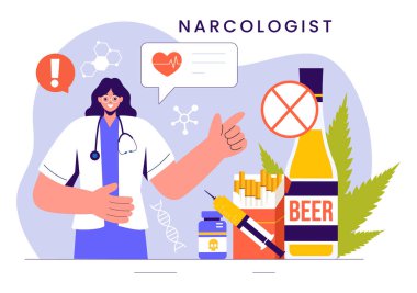 Narcologist Vector Illustration Featuring a Doctor, Drug Addiction Awareness, and Alcohol and Tobacco Issues in Healthcare in a Flat Background clipart