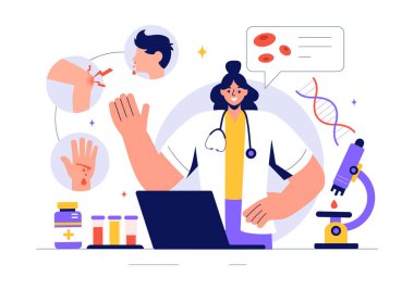 Yaralı Diz veya Eklem ve Kan Bozukluklarını Sağlık Hizmeti Düz Biçimli Çizgi Filmlerinde İncelemekte Olan Hemofili Vektör Çizimi