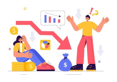 İflasın Finansal Kriz Vektörü İllüstrasyonu, Ekonomik Çöküş ve Düz Tarzlı Çizgi Arkaplanda Bir Okla Maliyet Düşürme