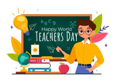 Karatahta, Kalemler, Çantalar, Kitaplar ve Düz Arkaplanda Diğer Ögeler gibi Okul Malzemelerini içeren Öğretmenler Günü Vektör İllüzyonunuz kutlu olsun