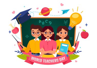 Karatahta, Kalemler, Çantalar, Kitaplar ve Düz Arkaplanda Diğer Ögeler gibi Okul Malzemelerini içeren Öğretmenler Günü Vektör İllüzyonunuz kutlu olsun