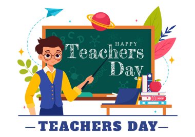Karatahta, Kalemler, Çantalar, Kitaplar ve Düz Arkaplanda Diğer Ögeler gibi Okul Malzemelerini içeren Öğretmenler Günü Vektör İllüzyonunuz kutlu olsun