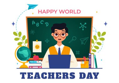 Karatahta, Kalemler, Çantalar, Kitaplar ve Düz Arkaplanda Diğer Ögeler gibi Okul Malzemelerini içeren Öğretmenler Günü Vektör İllüzyonunuz kutlu olsun