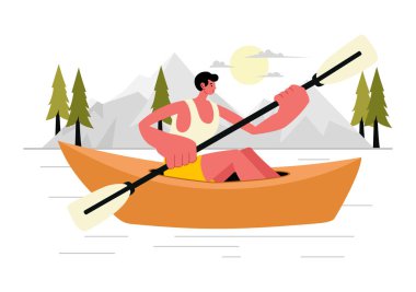 İnsanlar Kanolarla Kürek Çekmeyi ve Aktif Su Sporlarında Nehir ya da Gölde Yelken Açmayı Düz Tarzlı Karikatür Arkaplanda İzlemekten Hoşlanıyor