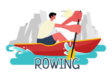 İnsanlar Kanolarla Kürek Çekmeyi ve Aktif Su Sporlarında Nehir ya da Gölde Yelken Açmayı Düz Tarzlı Karikatür Arkaplanda İzlemekten Hoşlanıyor