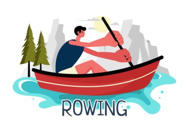 İnsanlar Kanolarla Kürek Çekmeyi ve Aktif Su Sporlarında Nehir ya da Gölde Yelken Açmayı Düz Tarzlı Karikatür Arkaplanda İzlemekten Hoşlanıyor