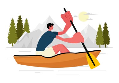 İnsanlar Kanolarla Kürek Çekmeyi ve Aktif Su Sporlarında Nehir ya da Gölde Yelken Açmayı Düz Tarzlı Karikatür Arkaplanda İzlemekten Hoşlanıyor