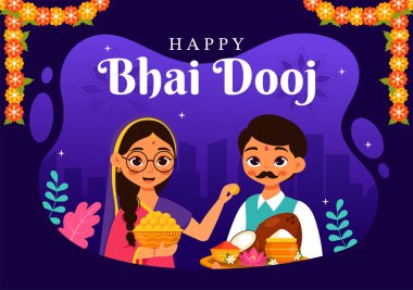 Happy Bhai Dooj Indian Festival Celebration Vector Illustration of Sisters Praying for Their Brothers Protection with Applying a Forehead Dot clipart