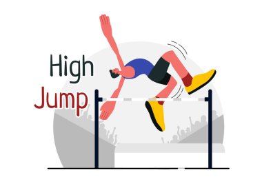 Yüksek Atlama, Hız ve Tekniği Çubuğun Üzerinde Düz Tarzlı Çizgi Film Arkaplanında Uçmak İçin Birleştiren Erkek Sporcunun Vektör İlülasyonu