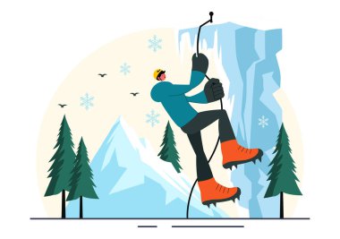 Buz Tırmanıcı Vektör Resimlerinde Buz Duvarına tırmanan Baltalar ve Manzaralı Dağın Arkaplan Arkaplanı Giyen Kramponlar kullanılıyor