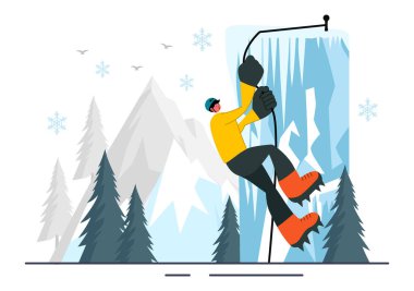 Buz Tırmanıcı Vektör Resimlerinde Buz Duvarına tırmanan Baltalar ve Manzaralı Dağın Arkaplan Arkaplanı Giyen Kramponlar kullanılıyor