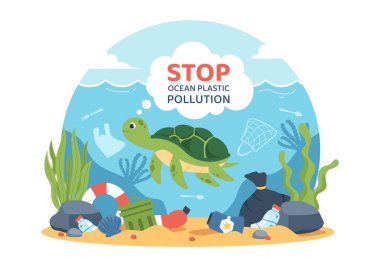 Okyanus Plastik Kirlilik Vektör İllüstrasyonunu Atık Torba ve Şişe Gibi, Balık ve Mercan Resiflerinin Ekosistemi 'ne Zarar Veren Deniz Altındaki Çöplerle Durdurun