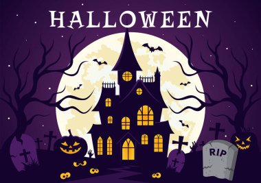 Mutlu Cadılar Bayramı Gecesi Vektör İllüstrasyonları: Ay Işığı, Hayaletler ve Yassı Çizgi Filmdeki Diğer Ürkütücü Elementler