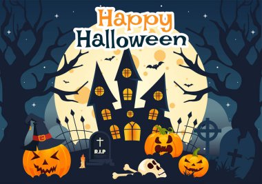 Mutlu Cadılar Bayramı Gecesi Vektör İllüstrasyonları: Ay Işığı, Hayaletler ve Yassı Çizgi Filmdeki Diğer Ürkütücü Elementler