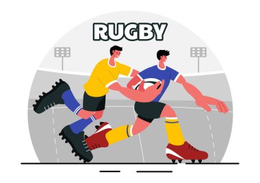 Rugby oyuncusu sahasında spor ya da turnuva sahasında koşuyor ve top taşıyıcı illüstrasyonunu yakalıyor.
