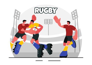 Rugby oyuncusu sahasında spor ya da turnuva sahasında koşuyor ve top taşıyıcı illüstrasyonunu yakalıyor.