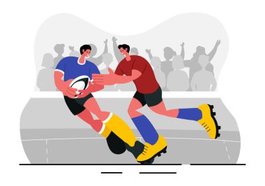 Rugby oyuncusu sahasında spor ya da turnuva sahasında koşuyor ve top taşıyıcı illüstrasyonunu yakalıyor.