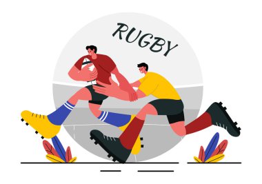 Rugby oyuncusu sahasında spor ya da turnuva sahasında koşuyor ve top taşıyıcı illüstrasyonunu yakalıyor.