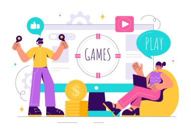 Android, Mobil ve Bilgisayar Konsol Dövüşlerinde Oyun Alanı Denetleyicileri Oynayan Programcılarla Video Oyunları Vektör İllüstrasyonu