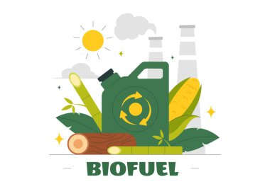 Yeşil Fıçı ve Biyogaz Üretim Enerjisi Düz Çizgi Film Arkaplan Vektörü Resimlerinde Doğal Maddeler ve Bitkilerin Biyoyakıt Yaşam Döngüsü