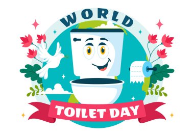 Dünya Tuvalet Günü Vektör İlülasyonu 19 Kasım 'da, Dünya ve Banyo Hijyen Teçhizatı Düz Tarzlı Çizgi Film Arkaplanında Farkındalık İçin