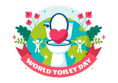 Dünya Tuvalet Günü Vektör İlülasyonu 19 Kasım 'da, Dünya ve Banyo Hijyen Teçhizatı Düz Tarzlı Çizgi Film Arkaplanında Farkındalık İçin