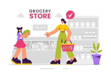Günlük Alışveriş Gereksinimleri İçin Çeşitli Gıda Ürünleri ve Ürünleri Düz Arkaplan Tarzında Depolanmış Bir Market Rafının Vektör İllüstrasyonu