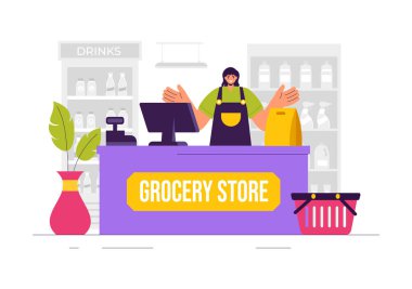 Günlük Alışveriş Gereksinimleri İçin Çeşitli Gıda Ürünleri ve Ürünleri Düz Arkaplan Tarzında Depolanmış Bir Market Rafının Vektör İllüstrasyonu