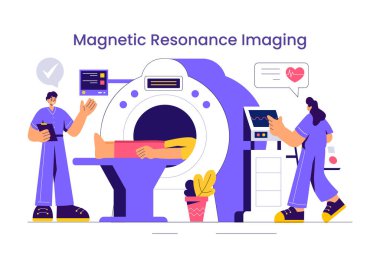 MRI ya da Manyetik Rezonans Görüntüleme Görüntü Görüntülemesi Düz Arkaplan Tomografisi Makinesi ile Tıbbi Muayene sırasında Doktor ve Hastayı göstermektedir