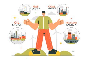 Nonrenewable Natural Energy Resources Vector Illustration Featuring Nuclear, Petroleum, Oil, Natural Gas, and Coal Fuels in a Flat Style Background clipart