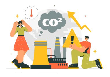 Dünya Gezegeni 'ni Düz Çizgi Film Arkaplanındaki İklim Değişikliğinden Kurtarmanın Önemi vurgulanan Karbon Dioksit veya CO2 Vektör İlülasyonu