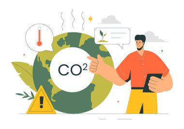 Dünya Gezegeni 'ni Düz Çizgi Film Arkaplanındaki İklim Değişikliğinden Kurtarmanın Önemi vurgulanan Karbon Dioksit veya CO2 Vektör İlülasyonu