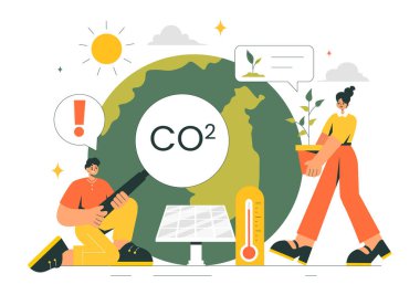 Dünya Gezegeni 'ni Düz Çizgi Film Arkaplanındaki İklim Değişikliğinden Kurtarmanın Önemi vurgulanan Karbon Dioksit veya CO2 Vektör İlülasyonu