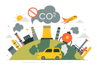 Dünya Gezegeni 'ni Düz Çizgi Film Arkaplanındaki İklim Değişikliğinden Kurtarmanın Önemi vurgulanan Karbon Dioksit veya CO2 Vektör İlülasyonu