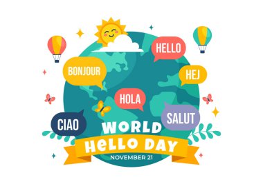 Dünya Merhaba Günü Vektör İllüstrasyonu 21 Kasım 'da Konuşma Baloncukları Çevreden Birçok Dilde Selamlar