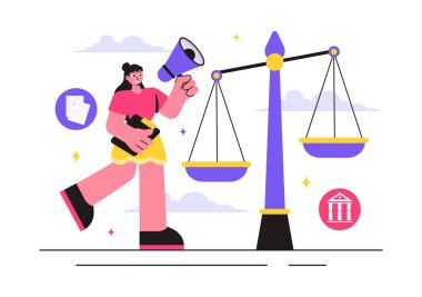 Adalet, Hukuki Danışmanlık, Mahkeme Yargılaması ve Düz Biçimli Karikatür Özgeçmişinde Avukat Danışmanlığı içeren Hukuk Bürosu Vektör İllüstrasyonu