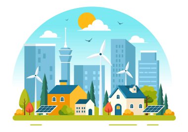 Şehir Vektör Resimlerinde Enerji Verimliliği Güneş ve Rüzgâr Gücü 'nden üretilen sürdürülebilir bir elektrik ortamı sunuyor