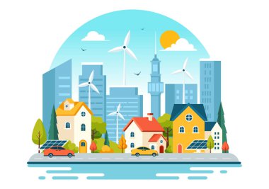 Şehir Vektör Resimlerinde Enerji Verimliliği Güneş ve Rüzgâr Gücü 'nden üretilen sürdürülebilir bir elektrik ortamı sunuyor