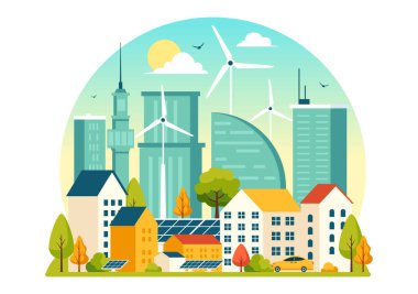 Şehir Vektör Resimlerinde Enerji Verimliliği Güneş ve Rüzgâr Gücü 'nden üretilen sürdürülebilir bir elektrik ortamı sunuyor