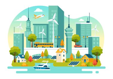 Şehir Vektör Resimlerinde Enerji Verimliliği Güneş ve Rüzgâr Gücü 'nden üretilen sürdürülebilir bir elektrik ortamı sunuyor