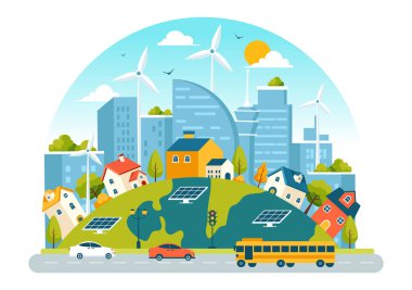 Şehir Vektör Resimlerinde Enerji Verimliliği Güneş ve Rüzgâr Gücü 'nden üretilen sürdürülebilir bir elektrik ortamı sunuyor