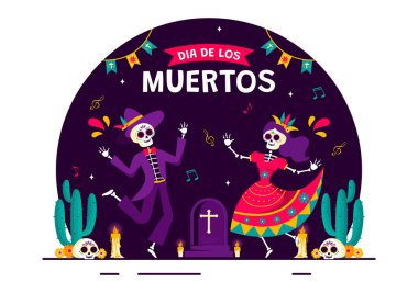 Dia de Los Muertos Translation Day of the Dead, featuring Illustration a Skeleton Playing Music Sombrero and Wearing Traditional Mexican Costumes clipart