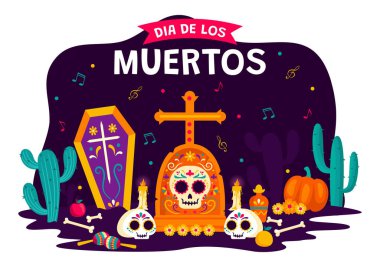 Dia de Los Muertos Ölülerin Tercüme Günü, Illustration a Skeleton Müzik çalan Sombrero ve Geleneksel Meksika kostümleri giyen