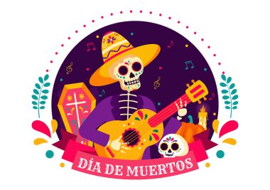 Dia de Los Muertos Ölülerin Tercüme Günü, Illustration a Skeleton Müzik çalan Sombrero ve Geleneksel Meksika kostümleri giyen