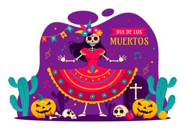 Dia de Los Muertos Ölülerin Tercüme Günü, Illustration a Skeleton Müzik çalan Sombrero ve Geleneksel Meksika kostümleri giyen