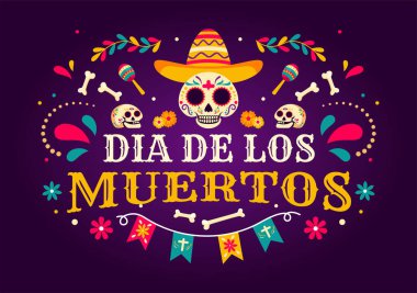 Dia de Los Muertos Ölülerin Tercüme Günü, Illustration a Skeleton Müzik çalan Sombrero ve Geleneksel Meksika kostümleri giyen