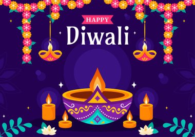 Geleneksel Hint Rangoli Dekorasyonu, Bayram Düz Arkaplanda Bayram Lambası ve Havai fişekleri içeren Diwali Işık Festivali Vektör İlülasyonu
