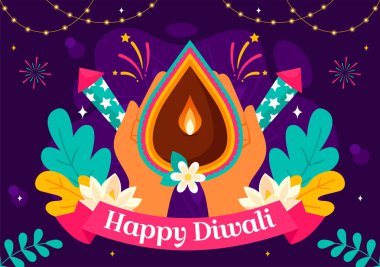 Geleneksel Hint Rangoli Dekorasyonu, Bayram Düz Arkaplanda Bayram Lambası ve Havai fişekleri içeren Diwali Işık Festivali Vektör İlülasyonu